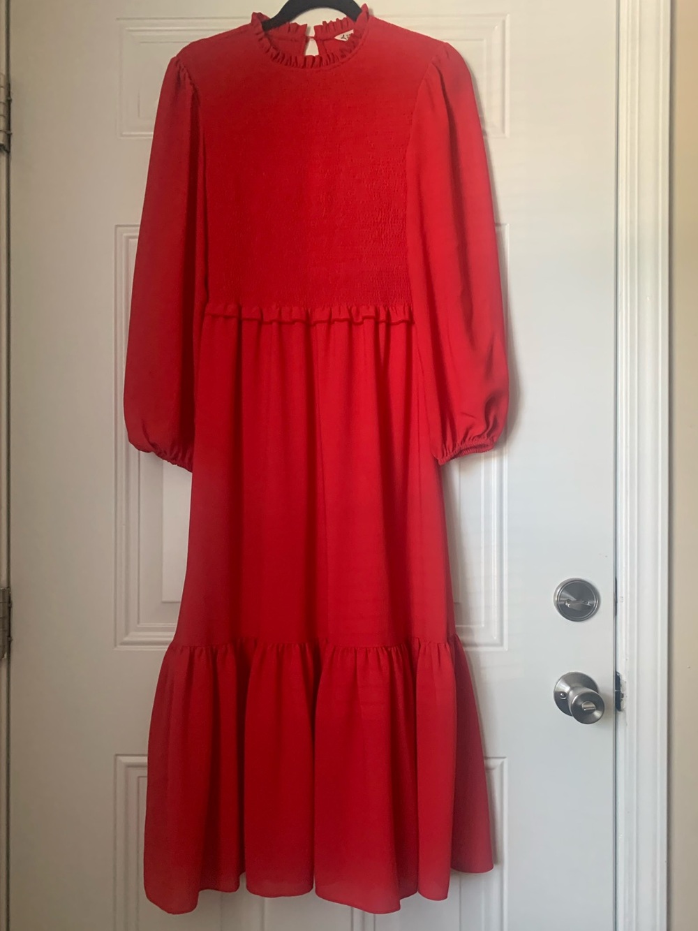 Nanette Lepore Festive Red Puff-Sleeve Tiered Midi Dress Size 4